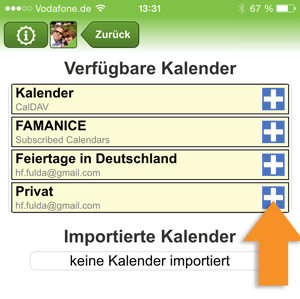 Auswahl zu importierender Kalender