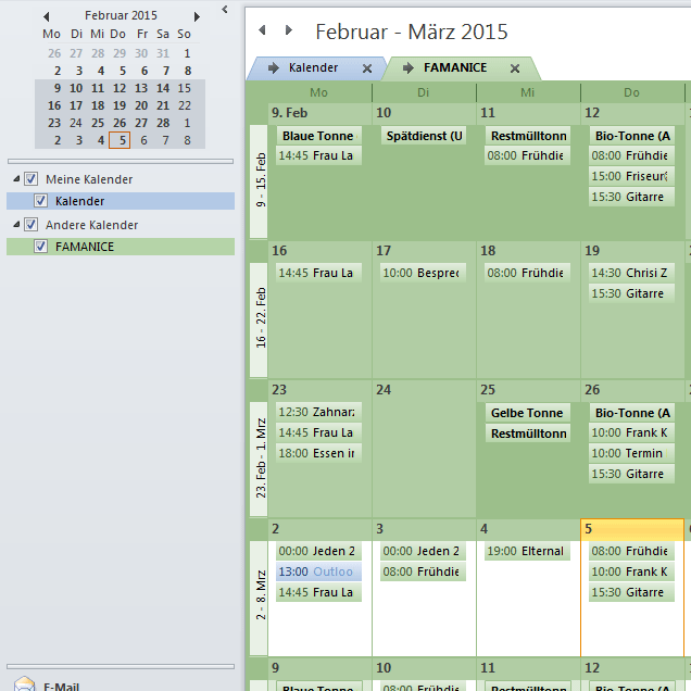 Abonnierter FAMANICE Kalender in Outlook